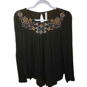 Xhilaration Black Embroidered Boho Peasant Blouse Top Long Sleeve Women's XS